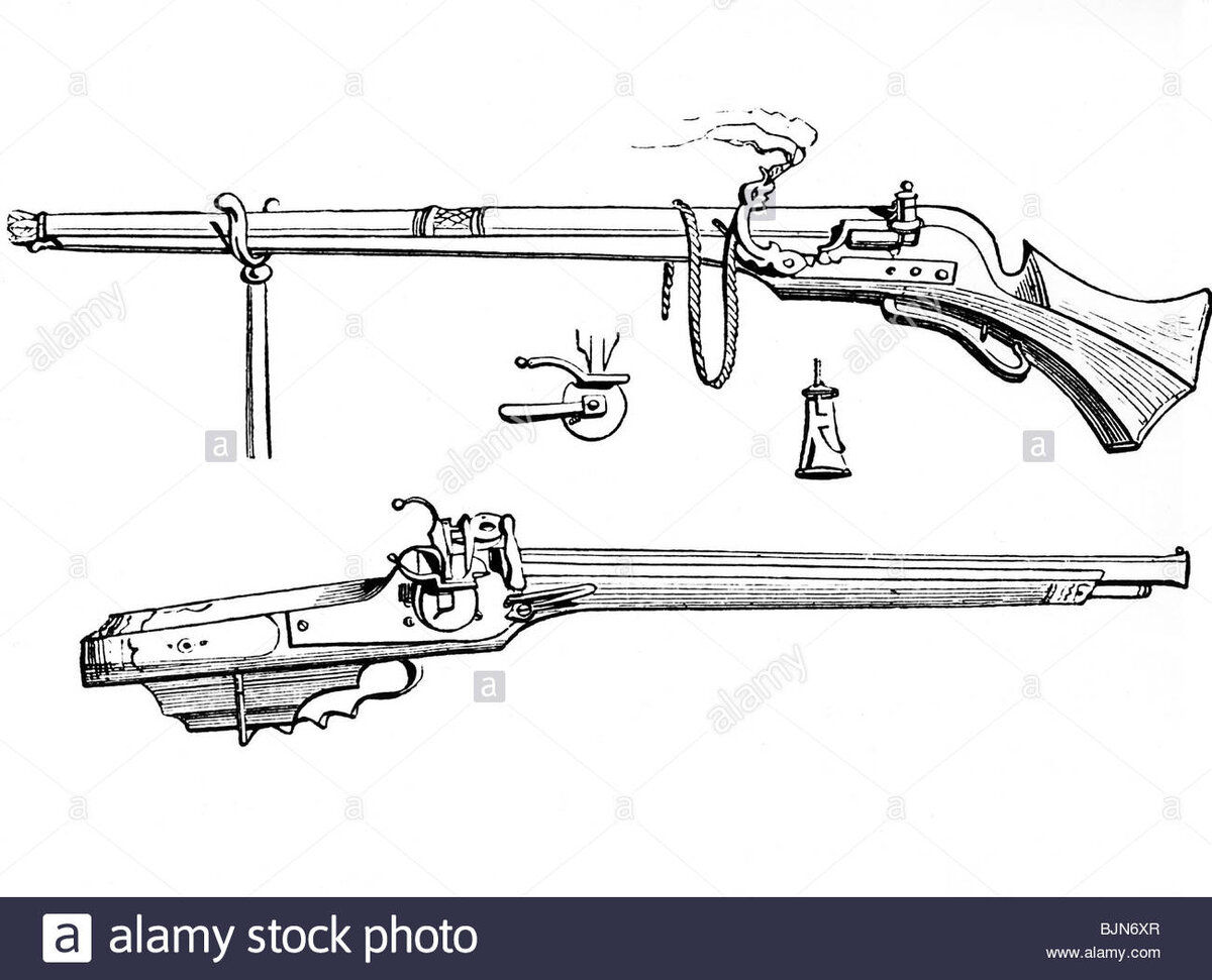 weapons-rifles-above-musket-with-matchlock-below-arquebus-with-wheellock-BJN6XR.jpg